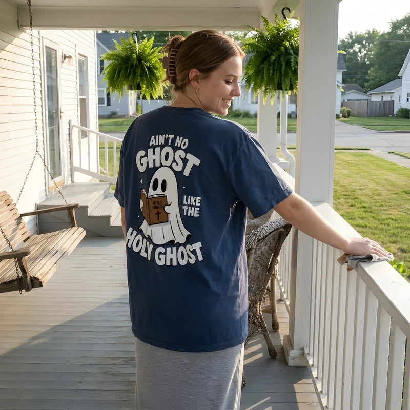 Ain't No Ghost Like The Holy Ghost worn by a model | Navy model back