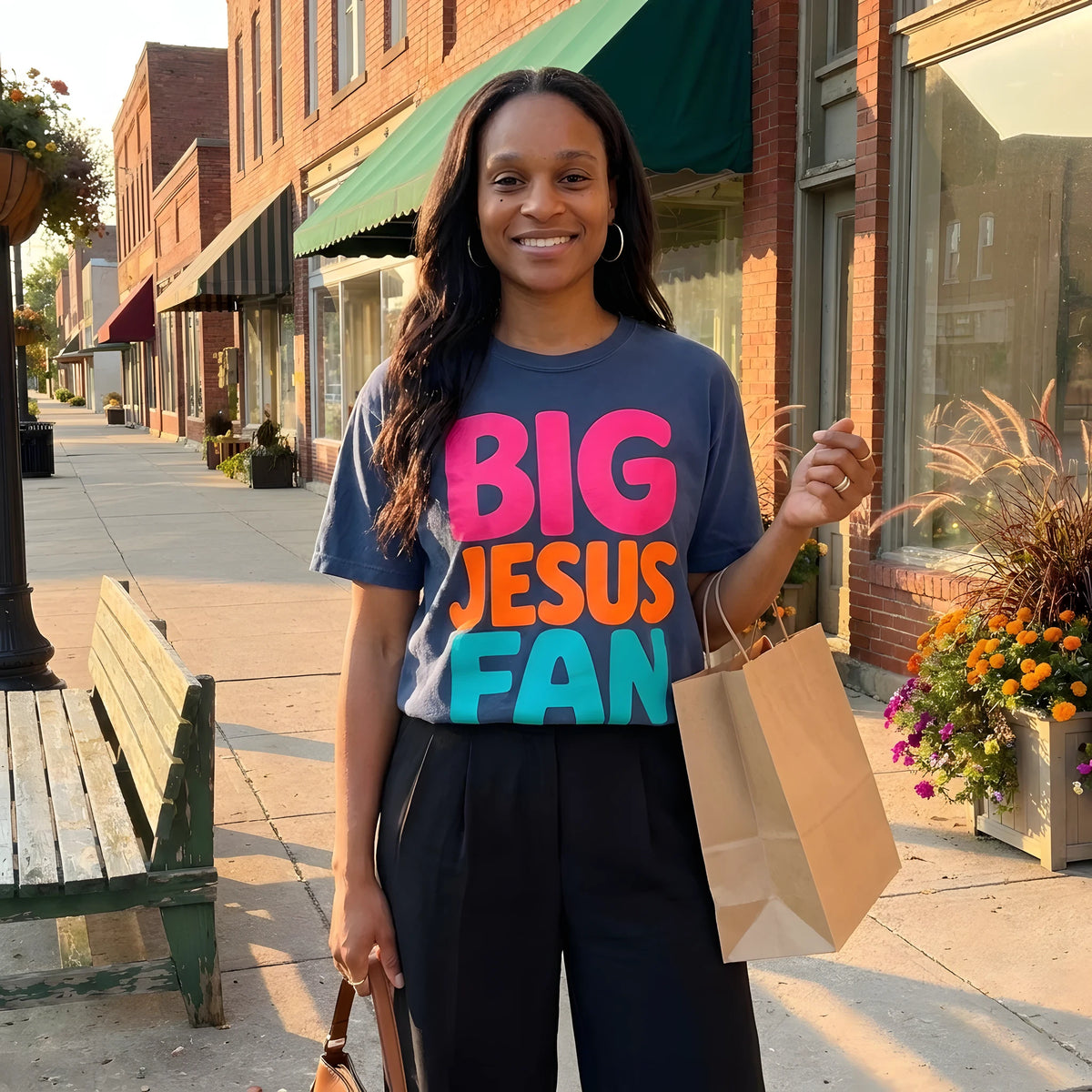 Big Jesus Fan Retro Color Block worn by a model | Navy model front