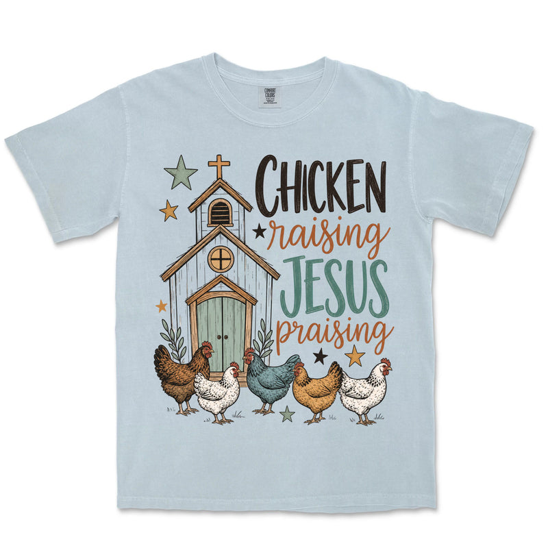 Chicken Raising Jesus Praising | Chambray front