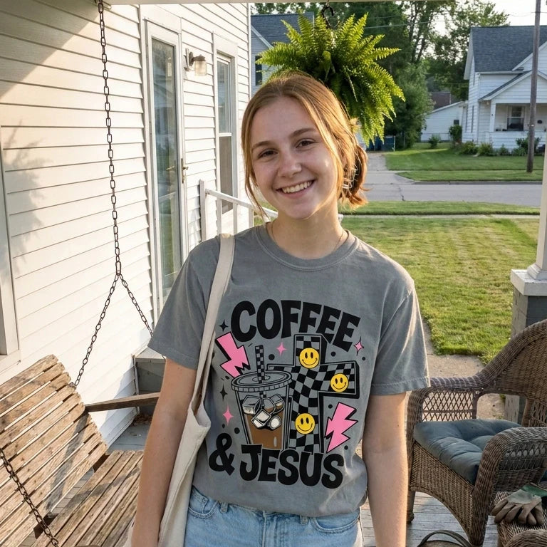 Coffee And Jesus worn by a model | Granite model front