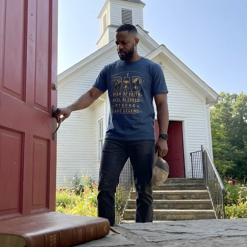 Dad Reel Blessed worn by a model | Navy model front