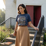 His Grace Still Finds Me Embroidered worn by a model | Navy model front