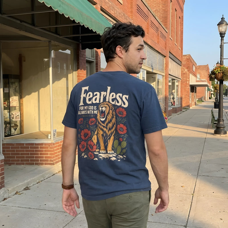 Fearless Lion worn by a model | Navy model back
