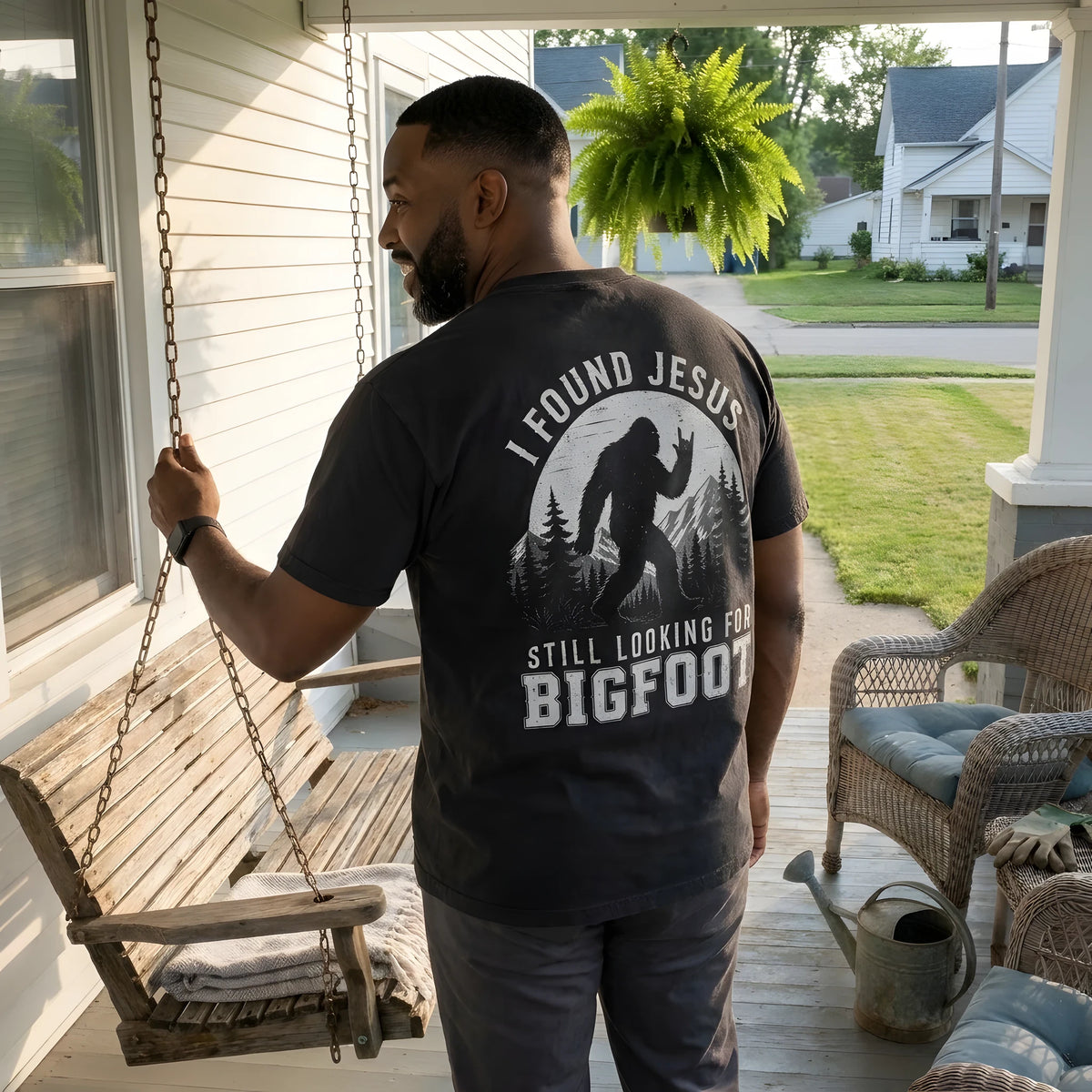 Found Jesus Looking For Bigfoot worn by a model | Black model back