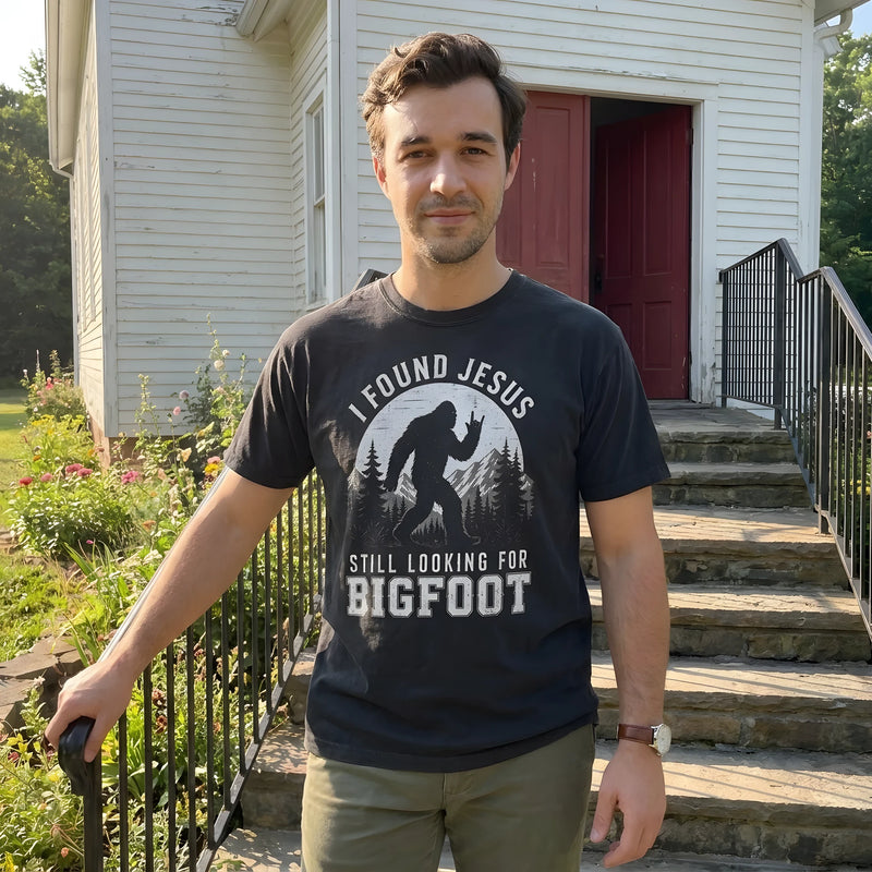 Found Jesus Looking For Bigfoot worn by a model | Black model front