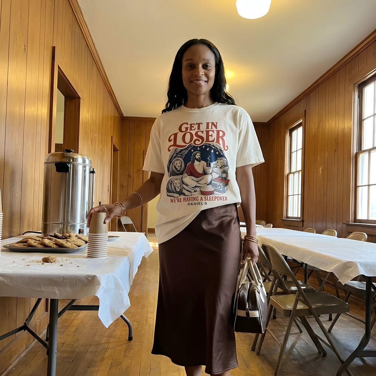 Lions Den Sleepover worn by a model | Ivory model front