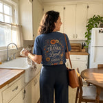 Give Thanks To The Lord For He Is Good worn by a model | Navy model back
