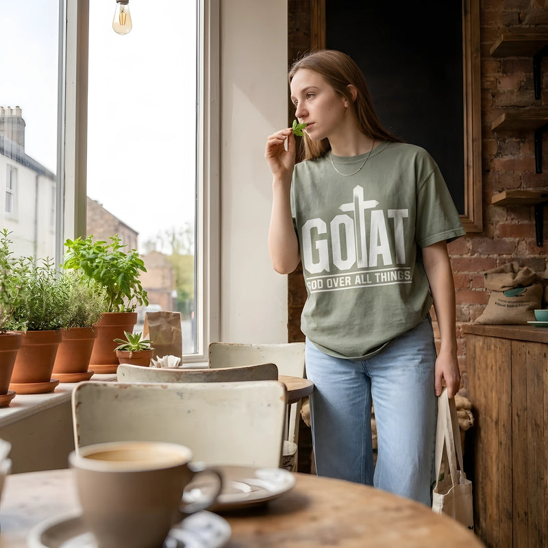 GOAT God Over All Things worn by a model | Sage model front