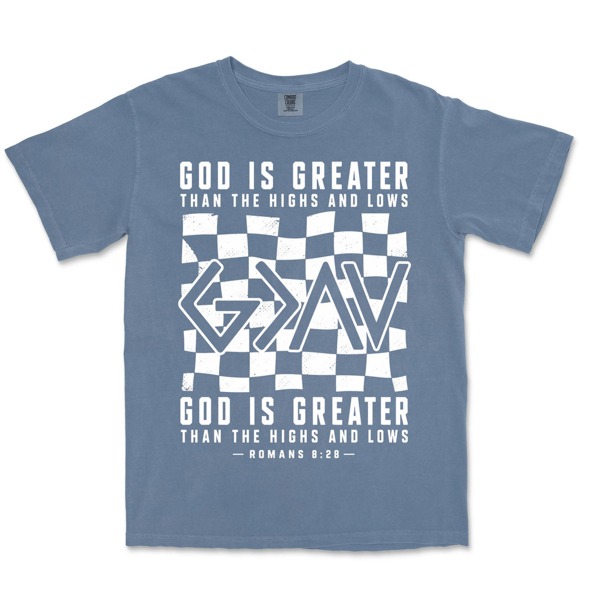 God Is Greater Checkered | Blue Jean front