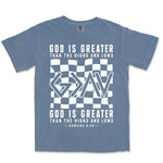 God Is Greater Checkered | Blue Jean front
