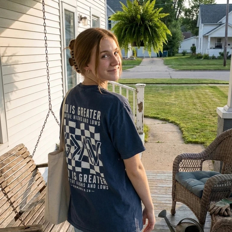 God Is Greater Checkered worn by a model | Navy model back