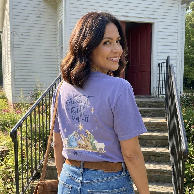 The Greatest Gift Of All worn by a model | Violet model back