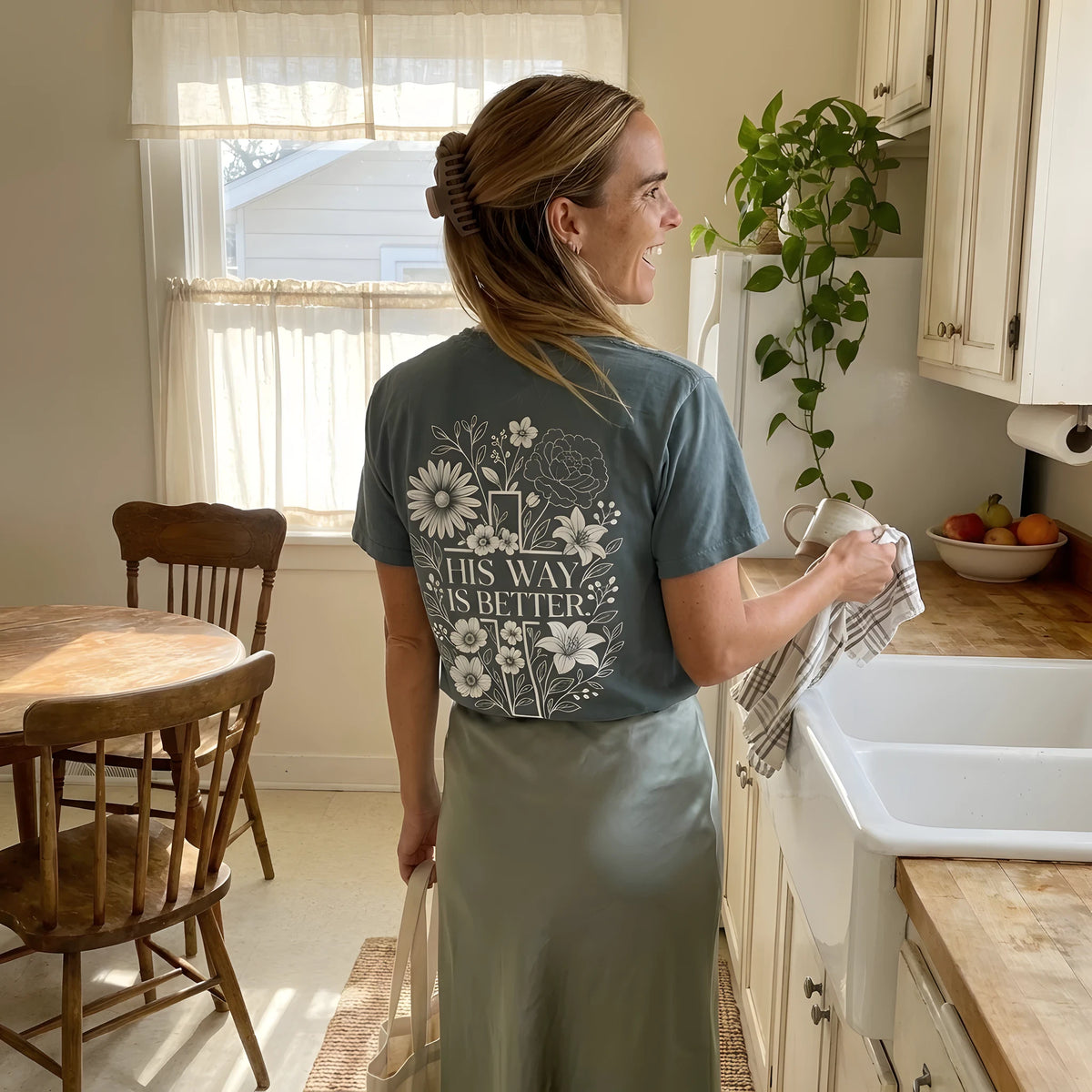 His Way Is Better Cross worn by a model | Blue Spruce model back