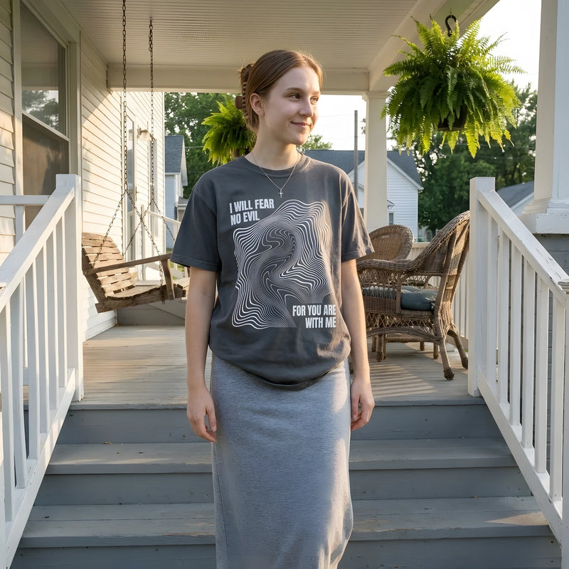 I Will Fear No Evil worn by a model | Graphite model front