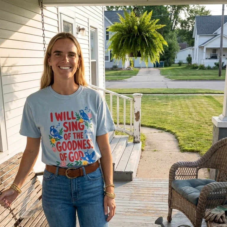 Sing Of His Goodness Bluebirds worn by a model | Chambray model front
