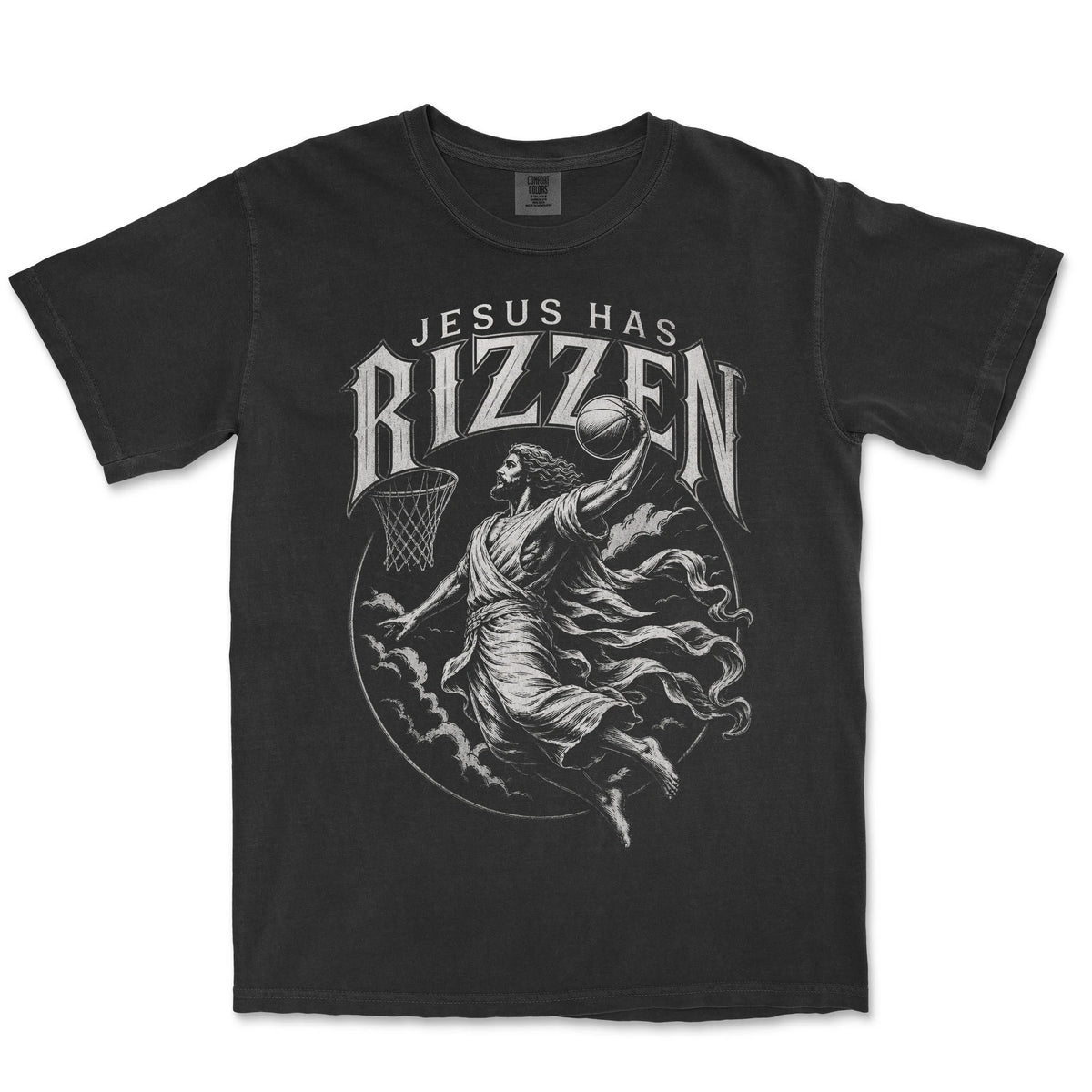 Jesus Has Rizzen Crest Tee | Black front