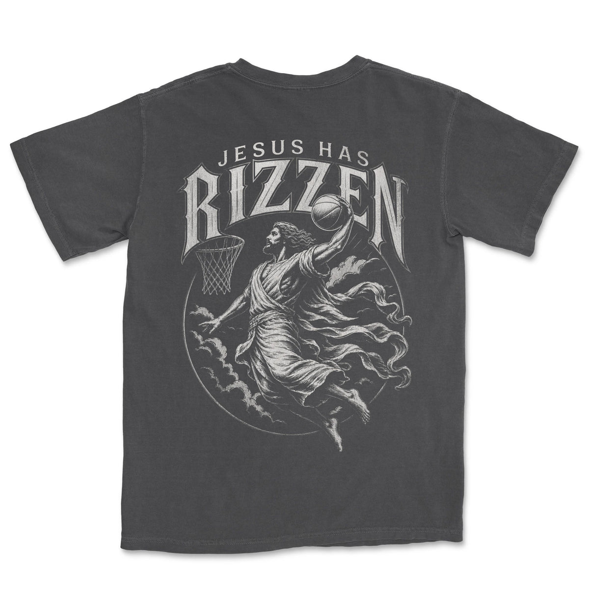 Jesus Has Rizzen Crest Tee | Graphite back