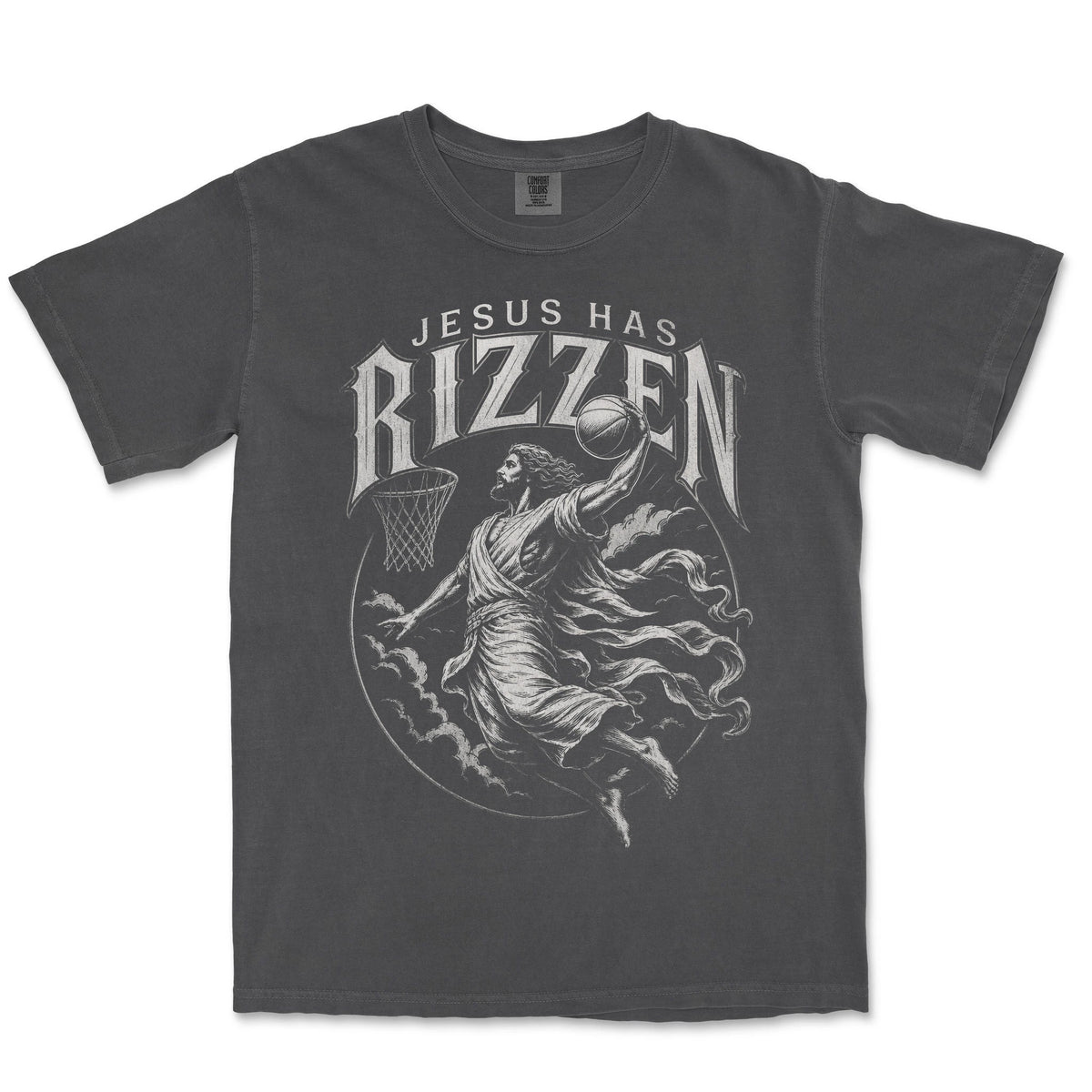 Jesus Has Rizzen Crest Tee | Graphite front