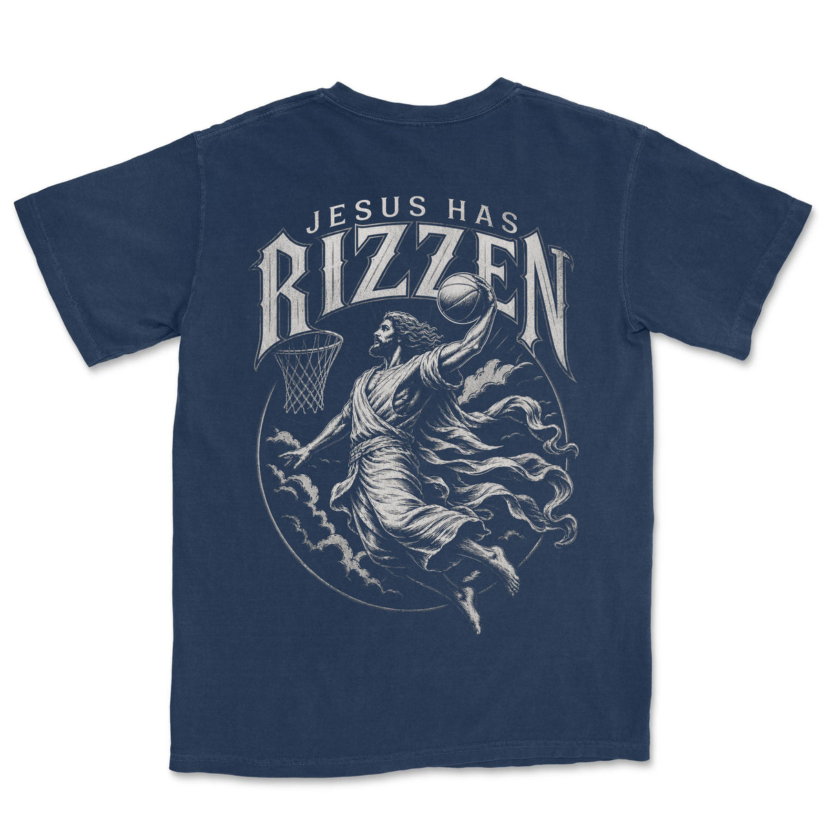 Jesus Has Rizzen Crest Tee | Navy back