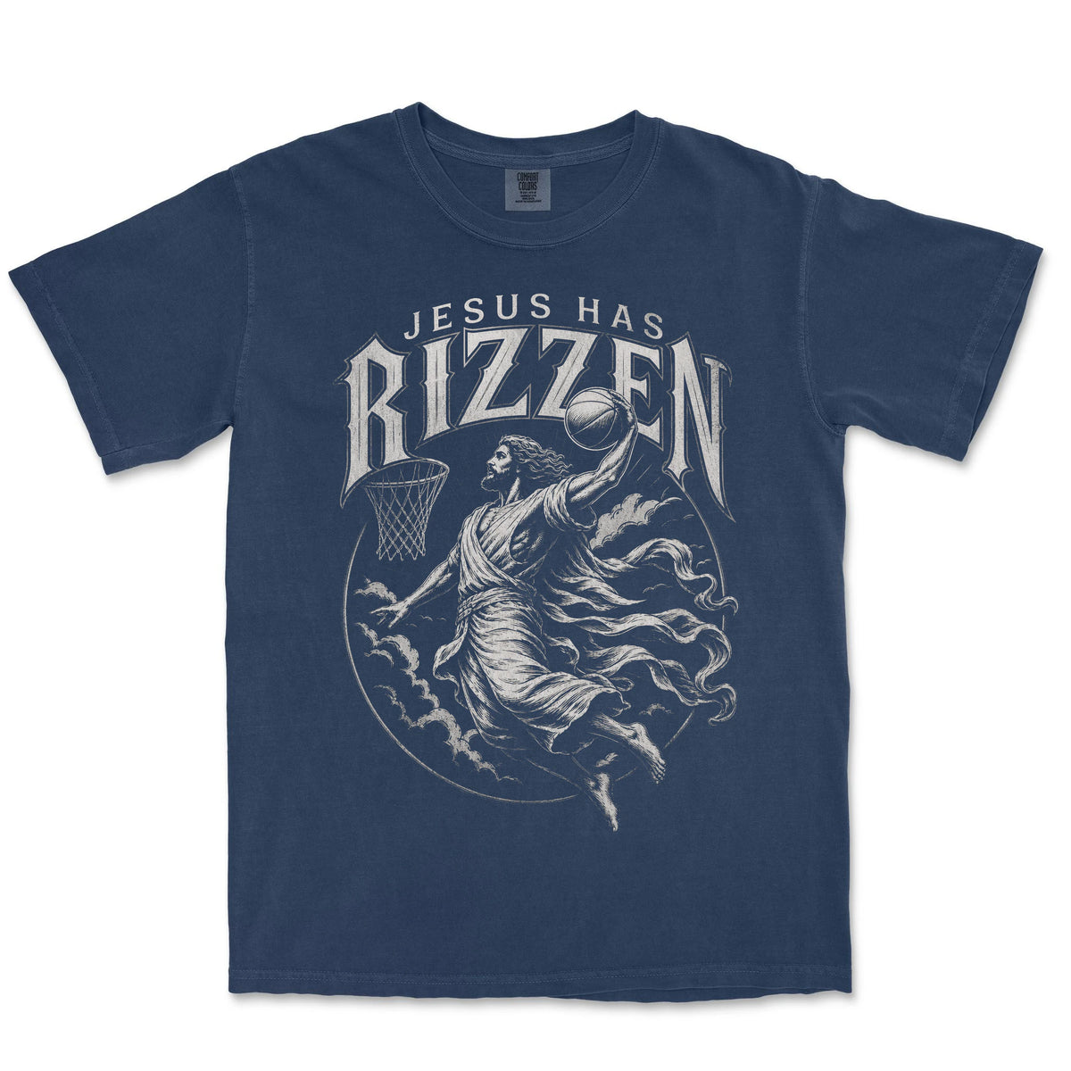 Jesus Has Rizzen Crest Tee | Navy front