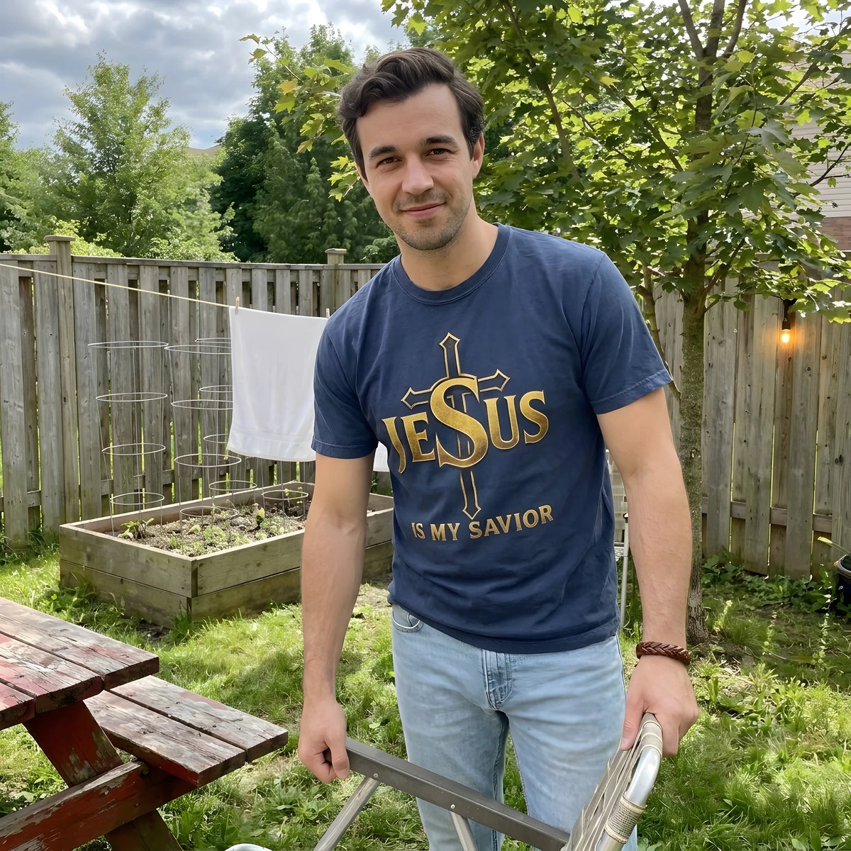 Jesus Is My Savior Gold Cross worn by a model | Navy model front
