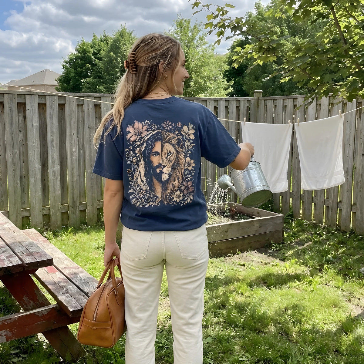 Jesus Lion Of Judah Florals worn by a model | Navy model back
