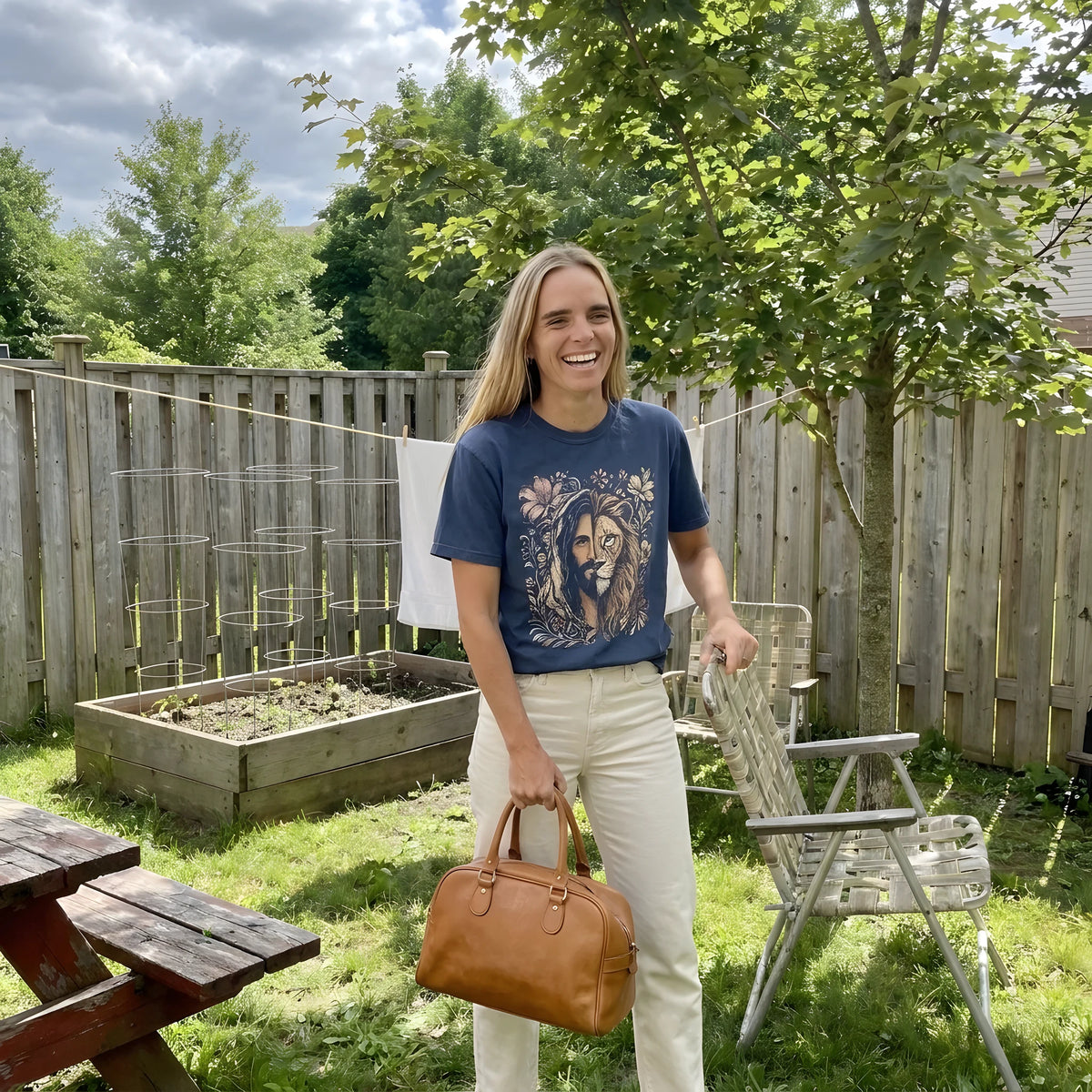 Jesus Lion Of Judah Florals worn by a model | Navy model front