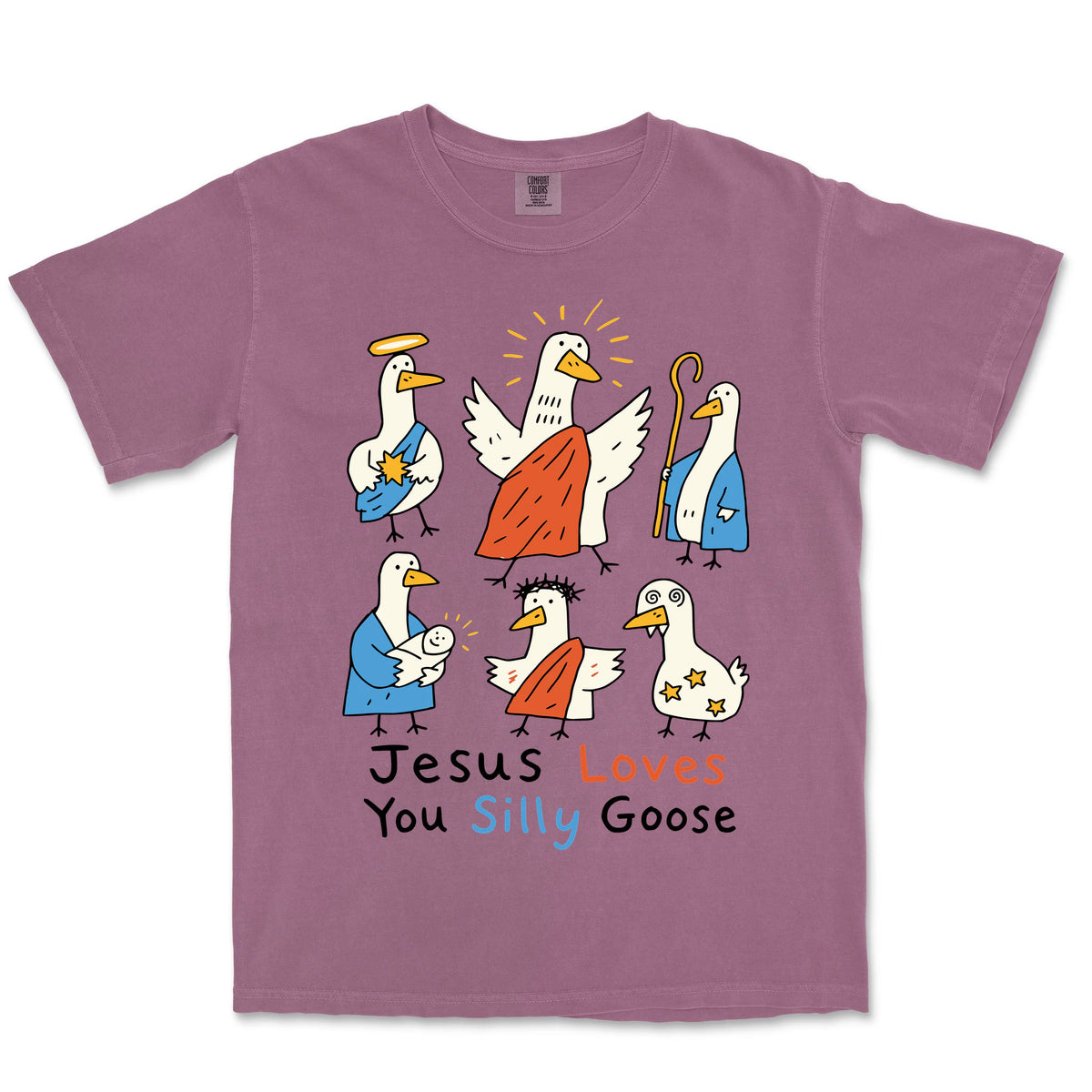 Jesus Loves You Silly Goose Nativity Tee | Berry front