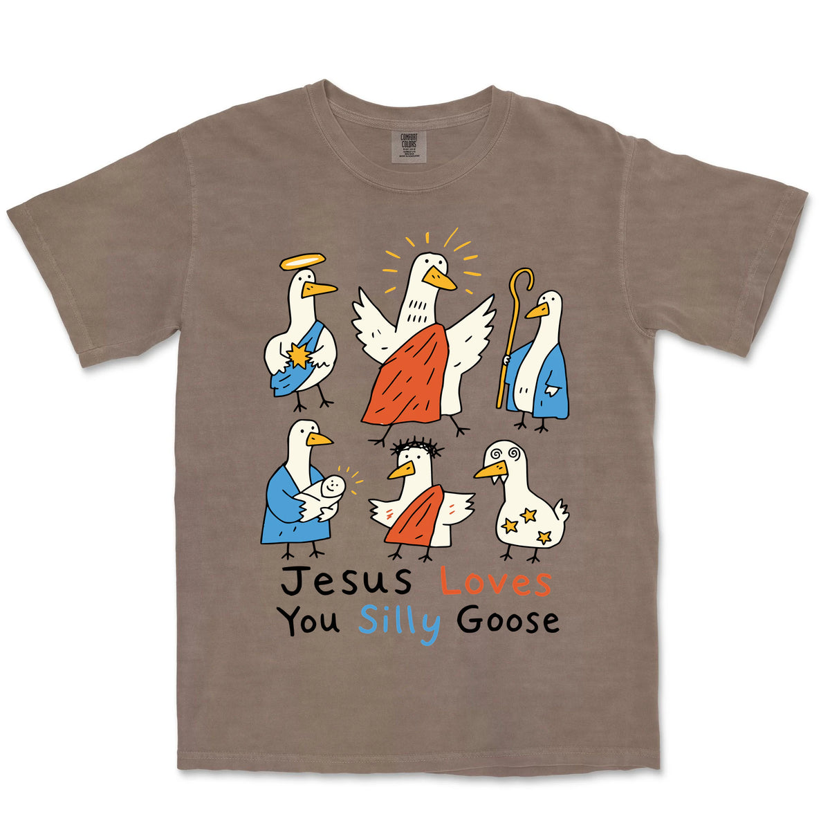 Jesus Loves You Silly Goose Nativity Tee | Espresso front