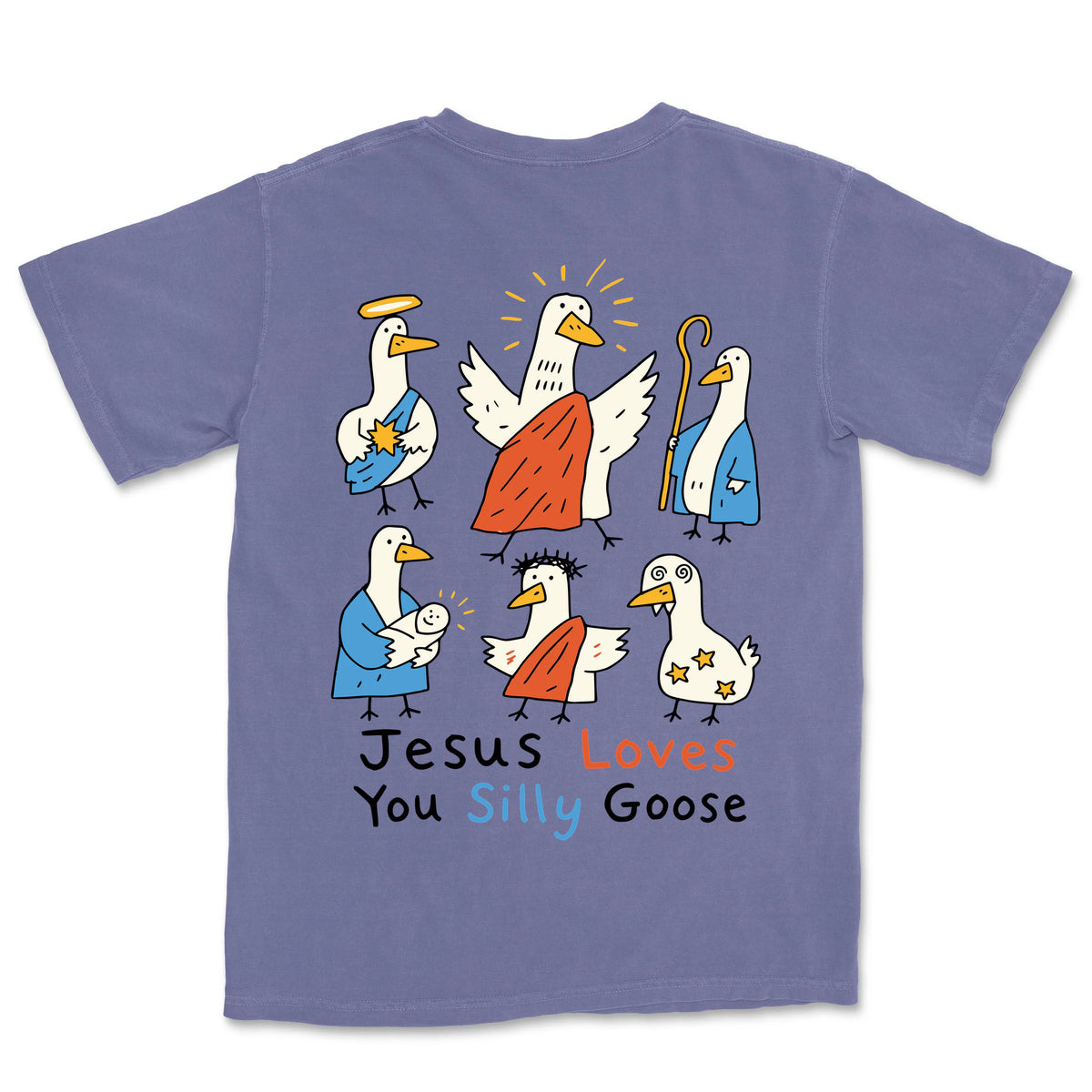 Jesus Loves You Silly Goose Nativity Tee | Grape back