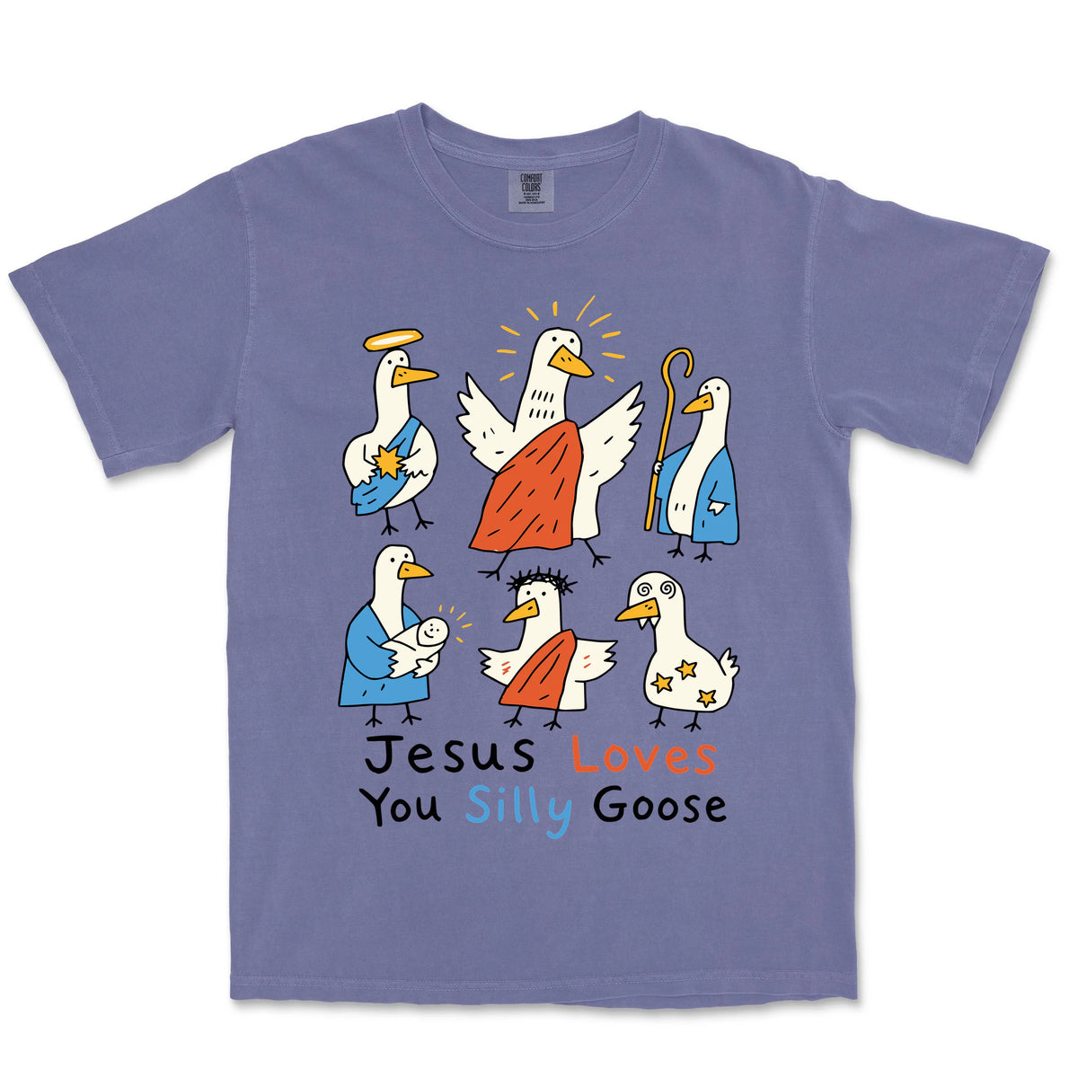 Jesus Loves You Silly Goose Nativity Tee | Grape front