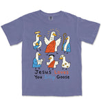 Jesus Loves You Silly Goose Nativity Tee | Grape front