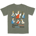 Jesus Loves You Silly Goose Nativity Tee | Moss front