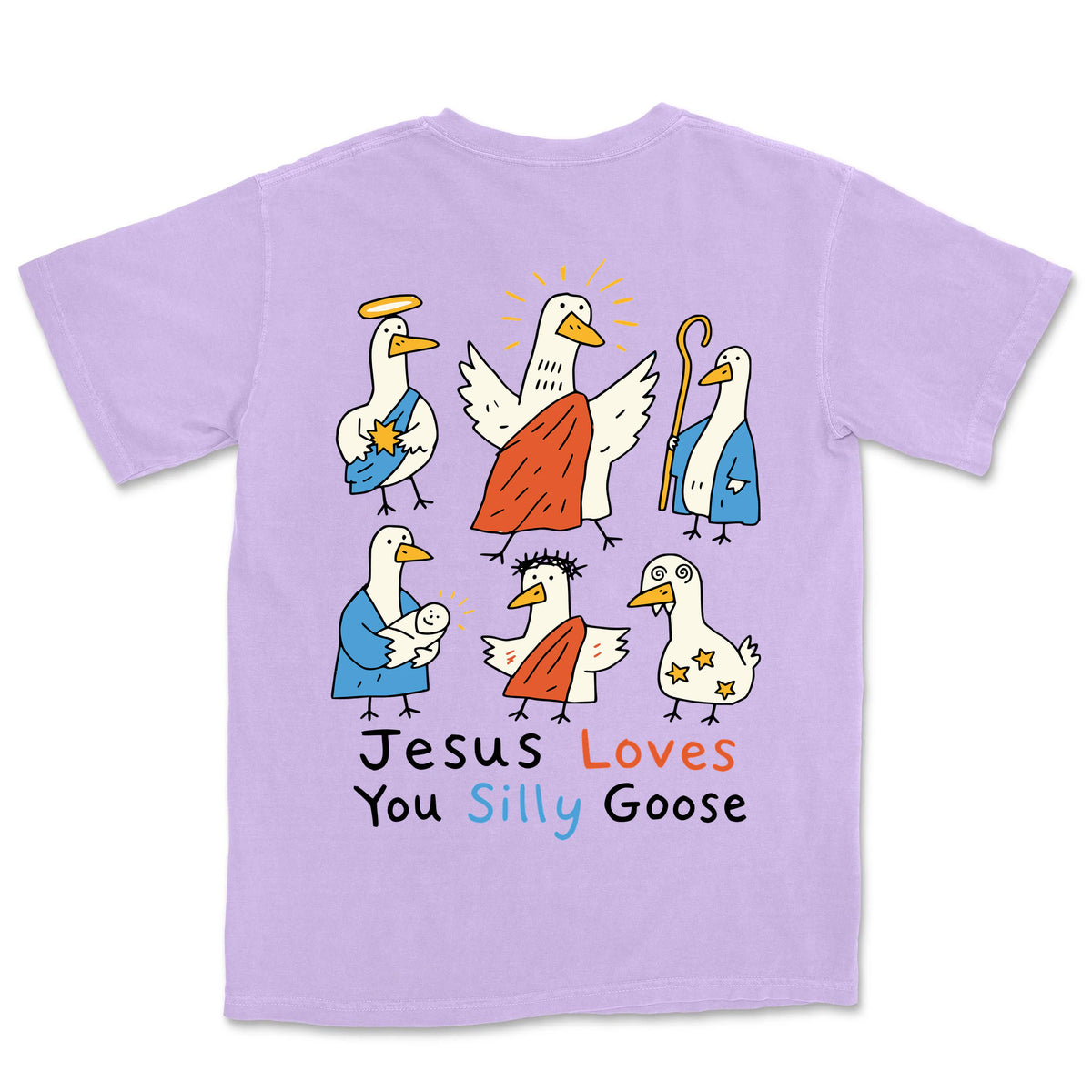 Jesus Loves You Silly Goose Nativity Tee | Orchid back