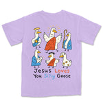 Jesus Loves You Silly Goose Nativity Tee | Orchid back