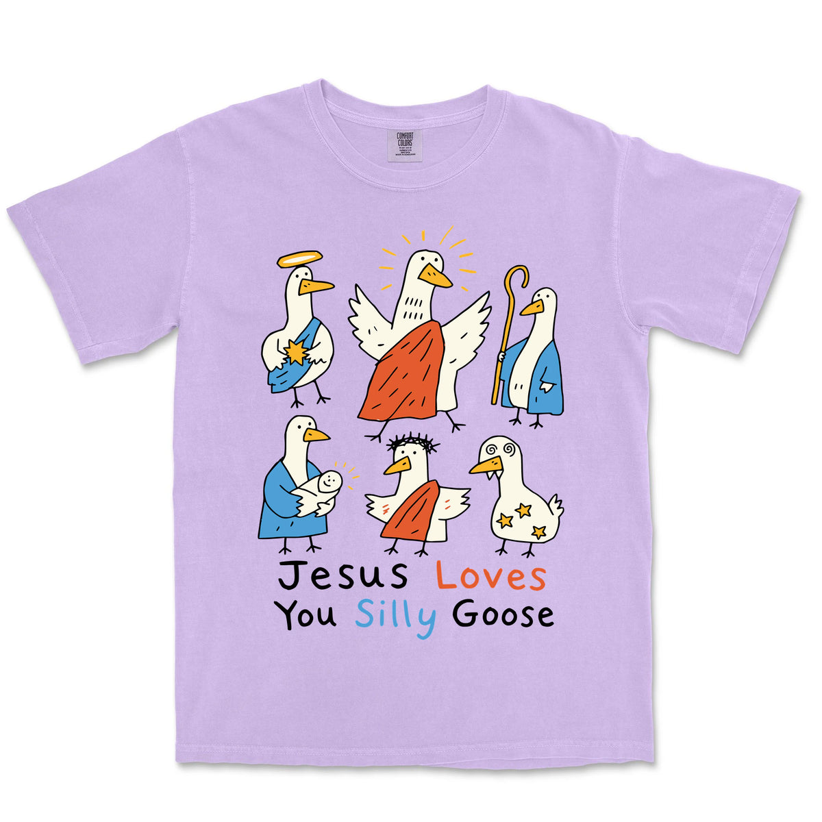 Jesus Loves You Silly Goose Nativity Tee | Orchid front