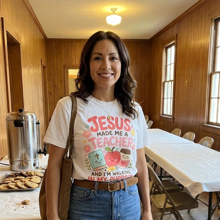 Jesus Made Me A Teacher worn by a model | White model front