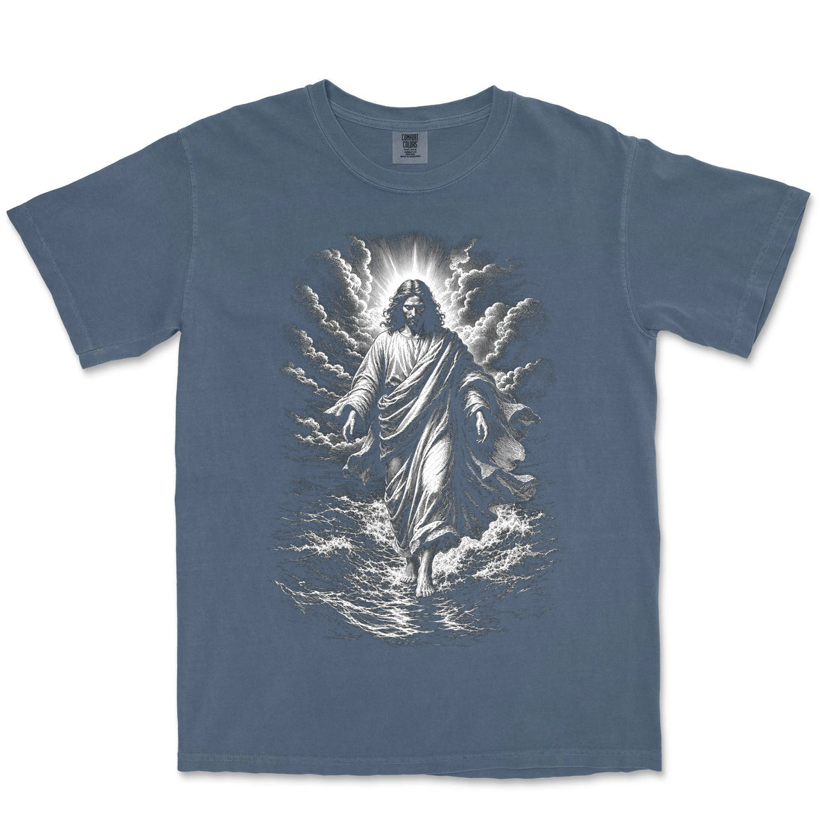 Walking On Water Engraving | Denim front