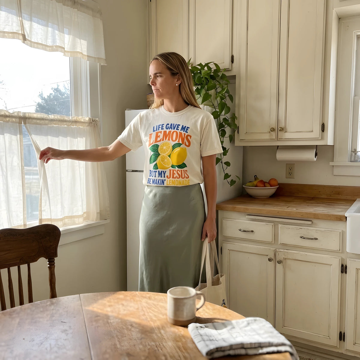 Jesus Makin Lemonade worn by a model | Ivory model front