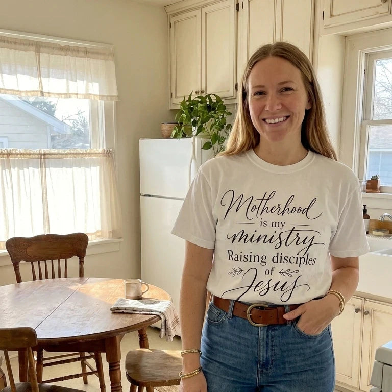 Motherhood Is My Ministry worn by a model | White model front
