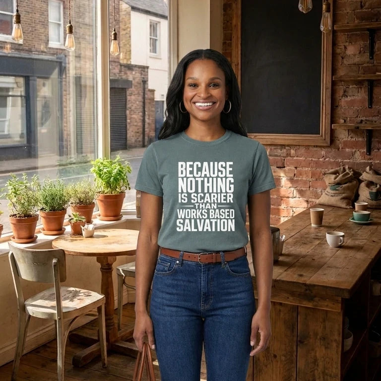 Scarier Than Works Salvation worn by a model | Blue Spruce model front