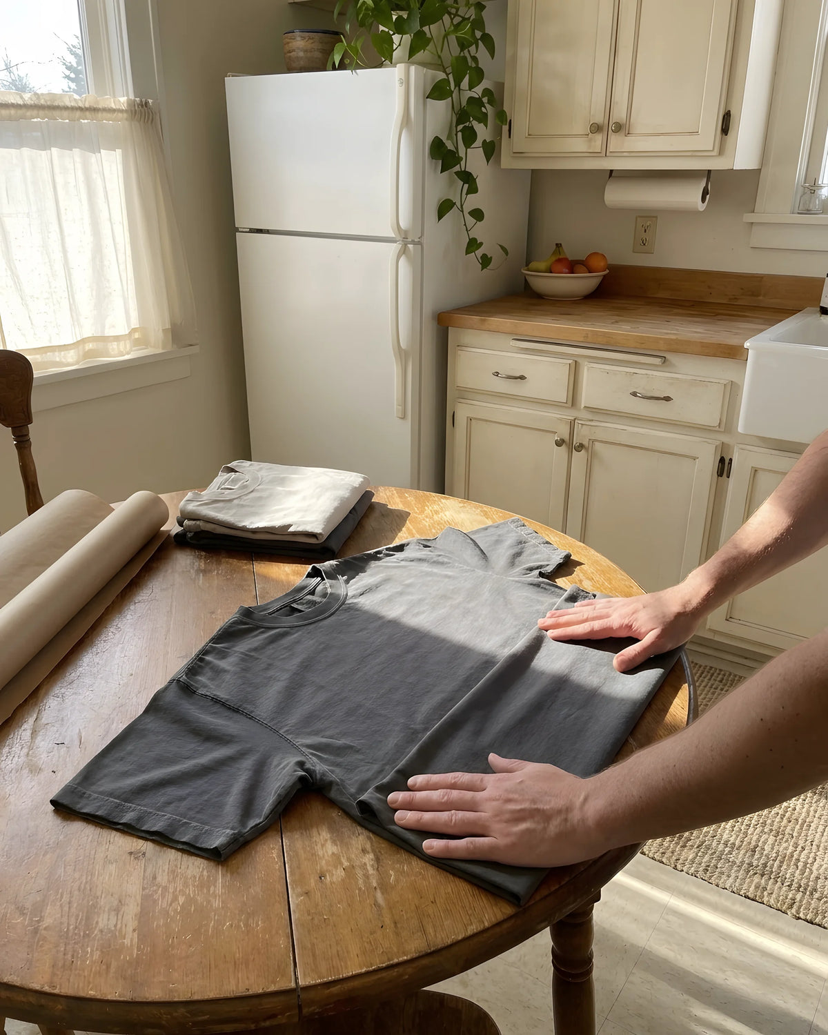 Folding tees at a wooden table