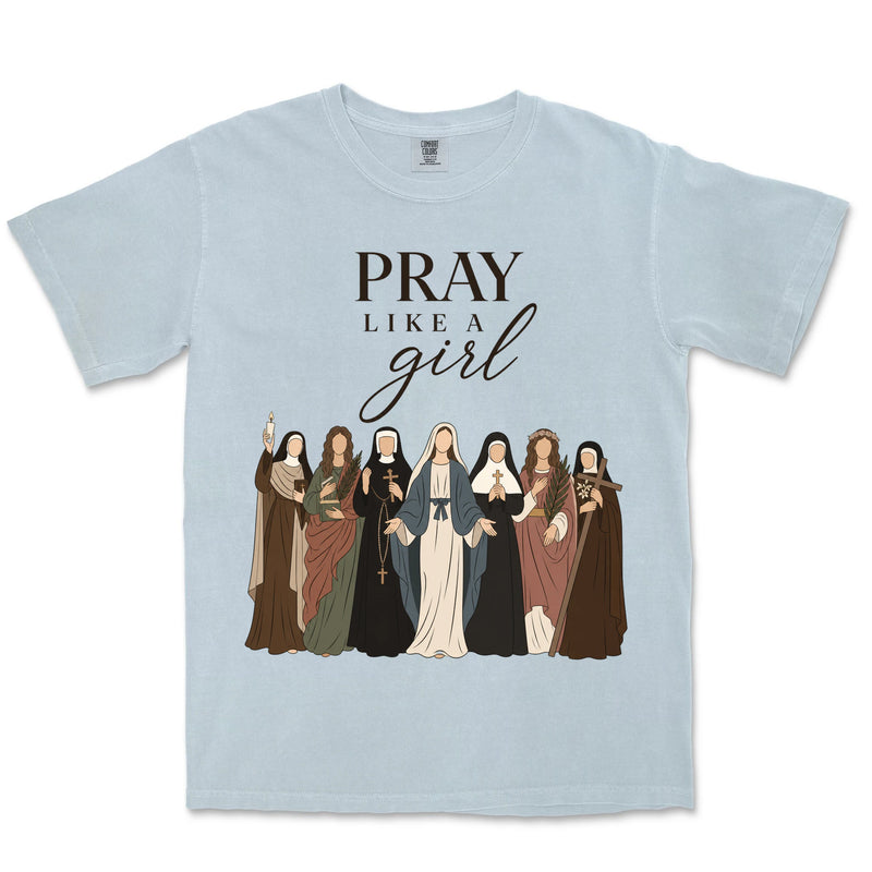 Pray Like A Girl Saints | Chambray front