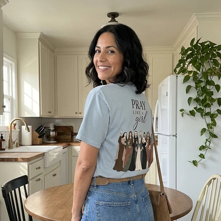 Pray Like A Girl Saints worn by a model | Chambray model back