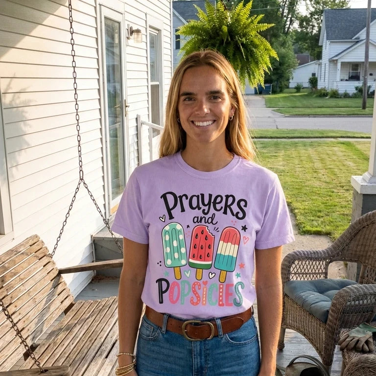 Prayers And Popsicles worn by a model | Orchid model front