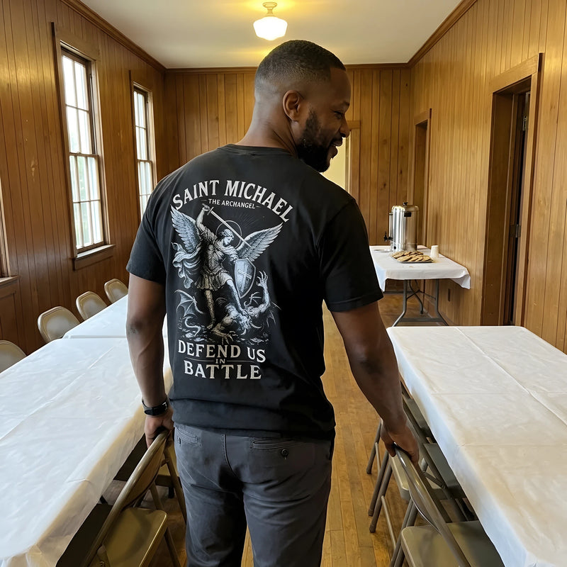 Saint Michael Defend Us worn by a model | Black model back