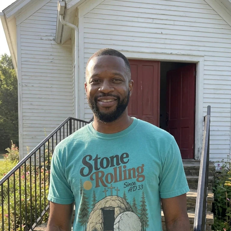 Stone Rolling Since AD 33 worn by a model | Sea Foam model front