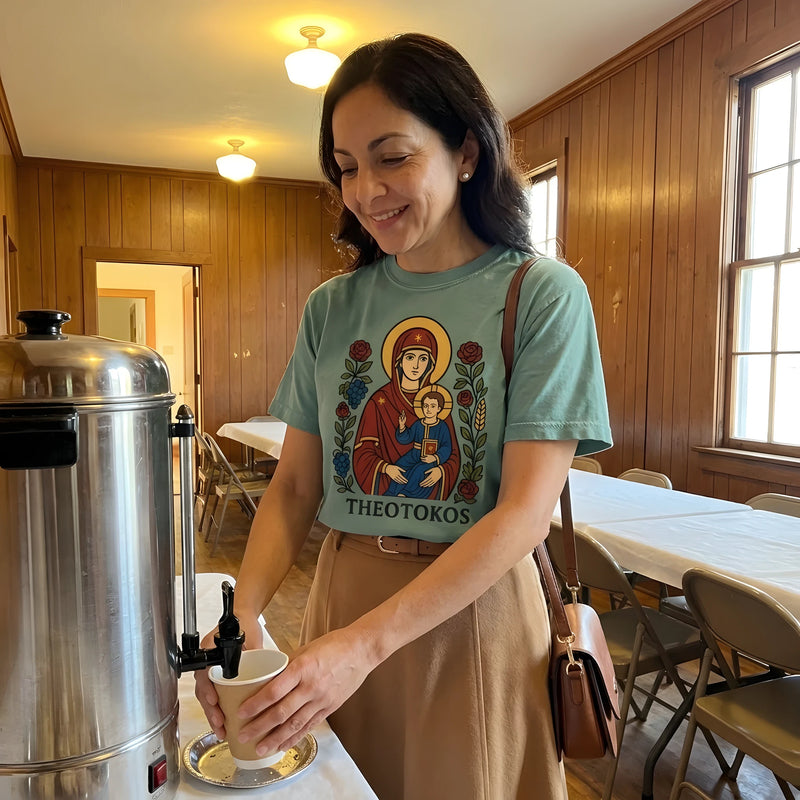 Theotokos Icon worn by a model | Bay model front