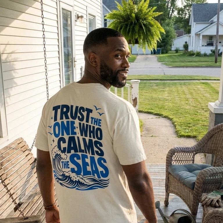 Trust The One Who Calms Seas worn by a model | Ivory model back