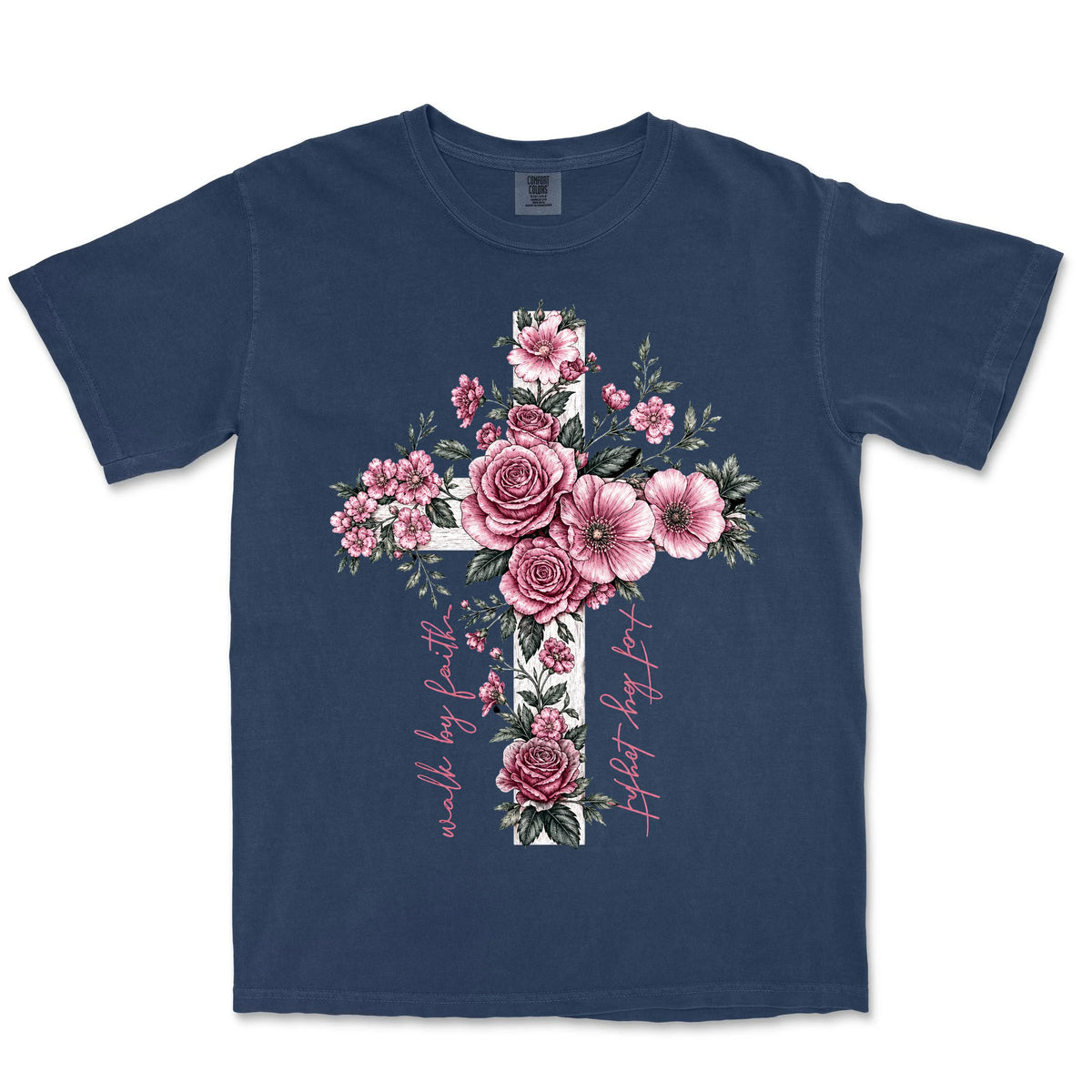 Walk By Faith Rose Cross | Navy front
